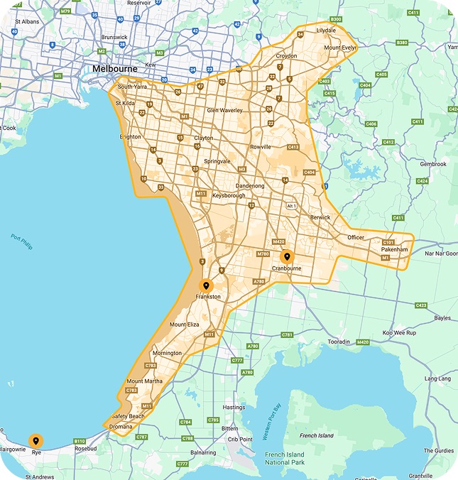 This map shows our mentoring catchment area. Young people outside this area are still welcome to join us for camps and respite.
