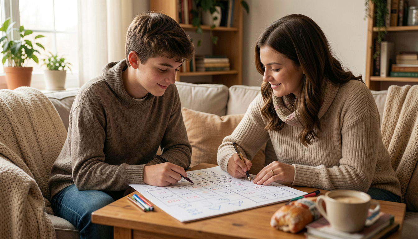 parent and neurodivergent teen working on a routine together at home