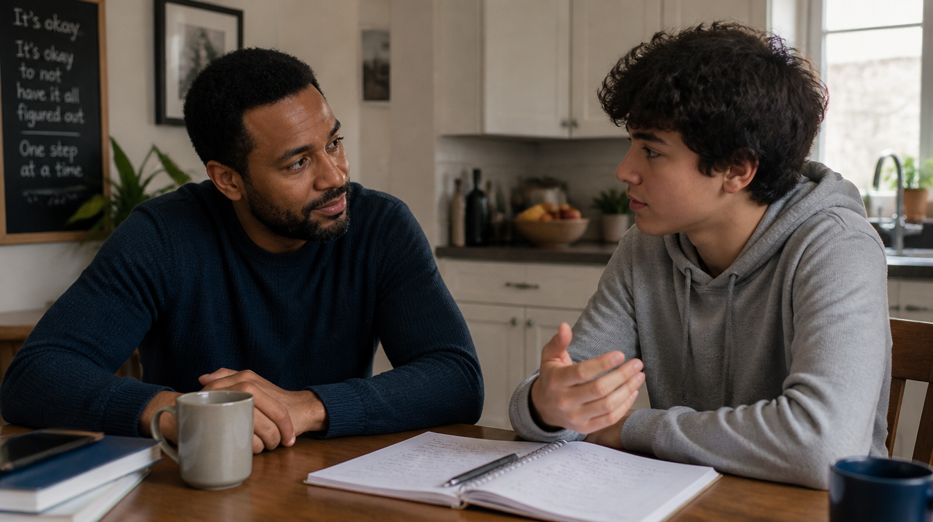 mentor listening to neurodivergent teen at kitchen table